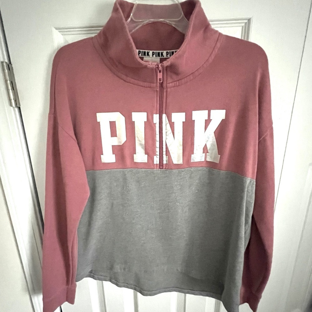 VS PINK Small Quarter Zip Mock Neck Pullover Mauve/Grey